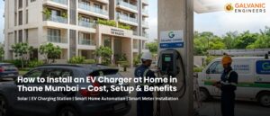 A modern residential apartment building in Thane Mumbai with an electric vehicle parked in a society parking area while professional engineers install a wall-mounted EV charger, engineers wearing safety helmets and uniforms, electric cables being connected to a smart EV charging station, clean urban Indian residential environment, eco-friendly transportation concept, bright daylight, ultra realistic, professional corporate photography style, renewable energy technology, 4k, highly detailed